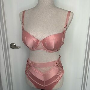 Honey Birdette Jerry Bra, Brief, and garter Blush Pink Bra Full Set